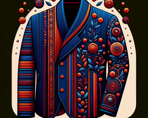 Stylized jacket with intricate patterns and vibrant colors