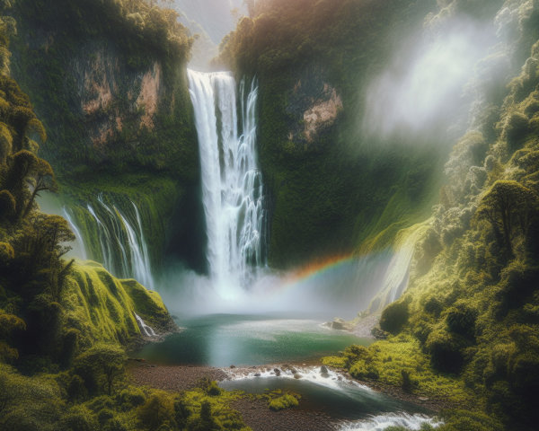 Majestic waterfall with turquoise pool and mountains