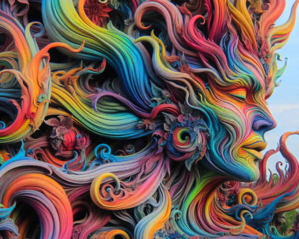 Vibrant Abstract Face with Colorful Strands and Flowers