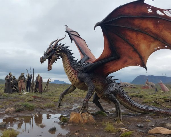 Dark Gray Dragon on Rock in Muddy Field with Men