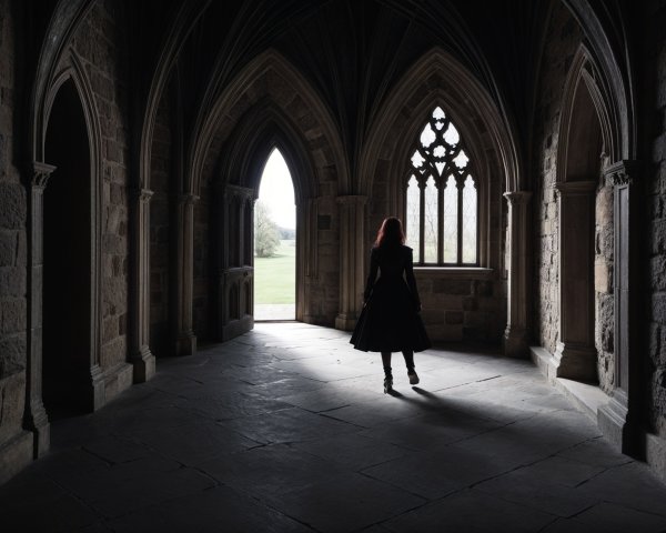 Silhouetted Figure in Gothic Stone Corridor with Arches