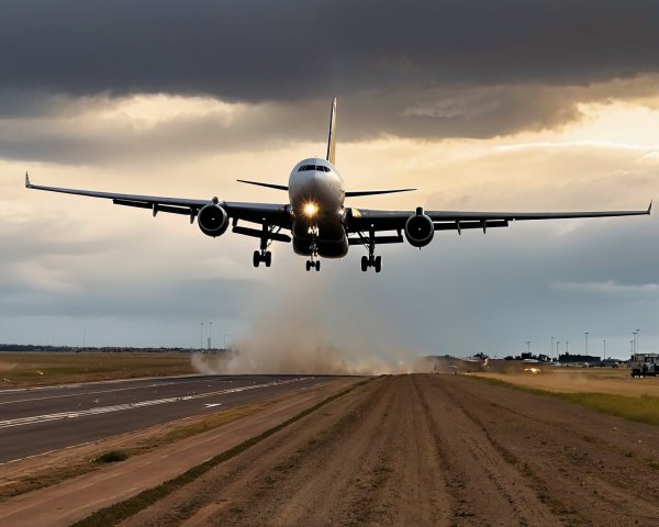 Passenger airplane landing at sunset with storm clouds