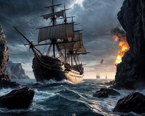 Tall Ship Navigates Turbulent Waters and Cliffs
