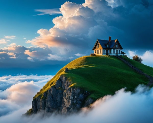 Quaint House on a Green Hill Under Dramatic Sky