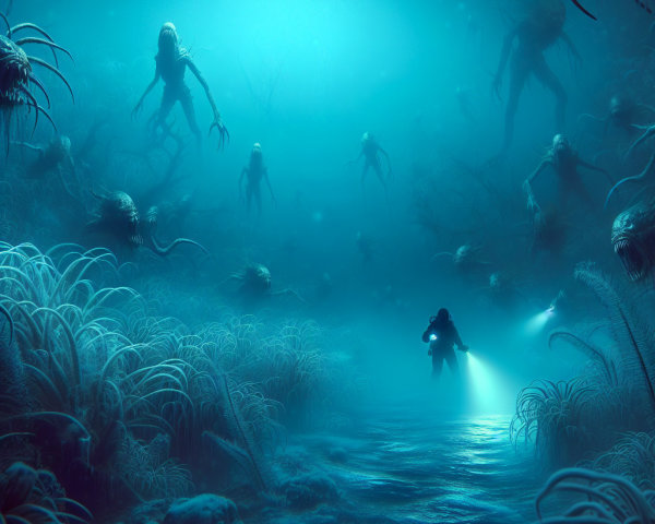 Surreal Underwater Abyss with Ghostly Figures and Flora