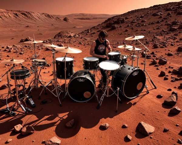 Drummer at a Drum Kit in a Mars-like Landscape