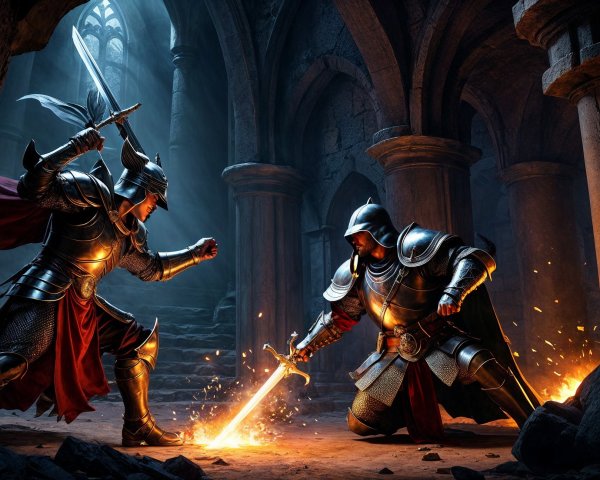 Armored Knights Battle in Ancient Cathedral Setting