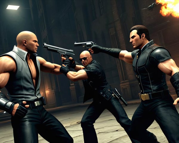 Muscular Men in Standoff with Handguns in Urban Setting