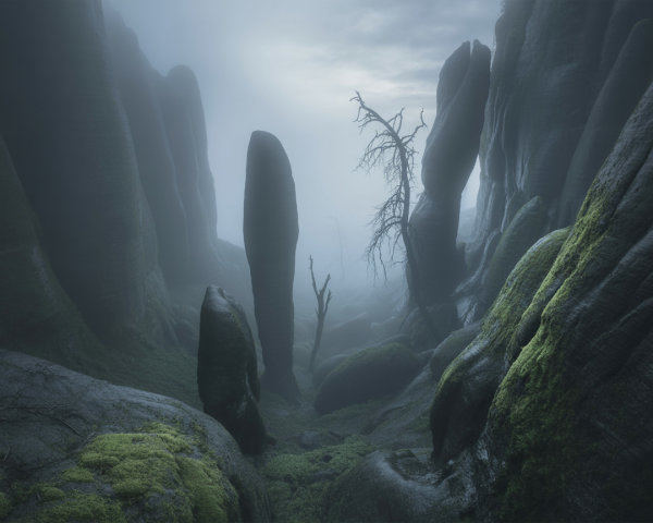 Misty Landscape with Rock Formations and Leafless Tree