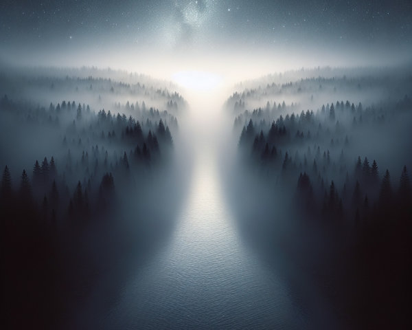 Ethereal Landscape with River and Starry Night Sky