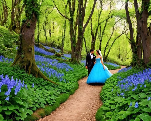 Couple in Turquoise Gown Among Blooming Bluebells