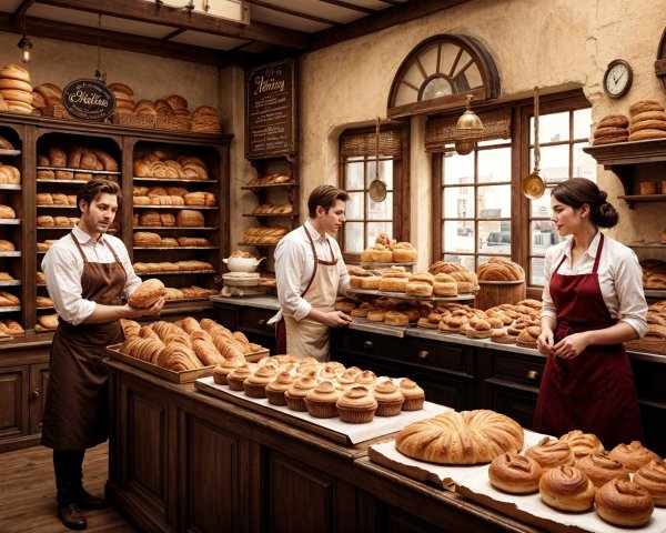 Charming Bakery Scene with Bakers and Fresh Goods