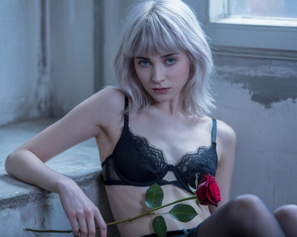 Young woman with platinum bob and red rose by window