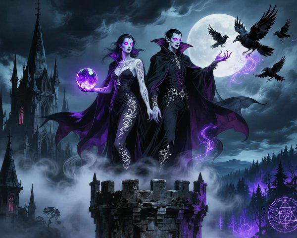 Vampire Portrait in Misty Night with Gothic Castle