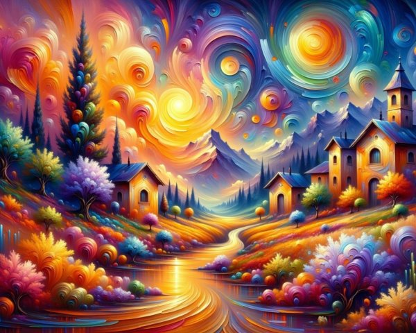 Vibrant Sunset Landscape with Colorful River and Trees