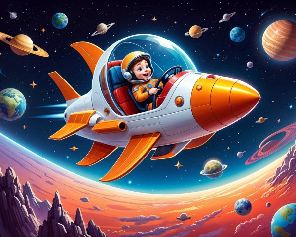 Child in orange spaceship explores colorful outer space