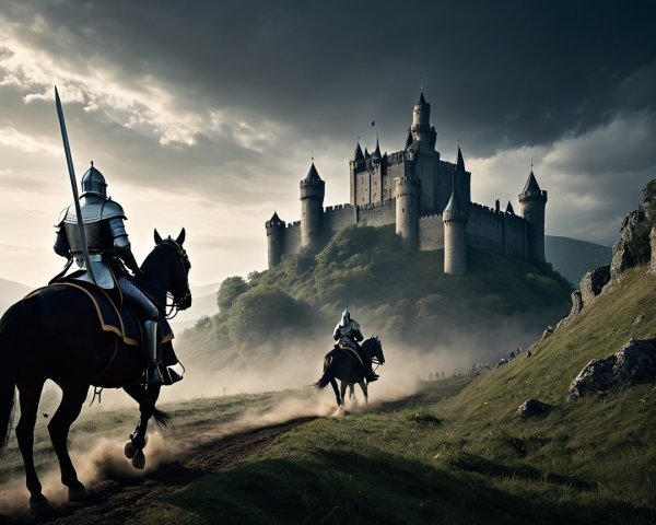 Armored Knights Riding Near Majestic Castle Landscape