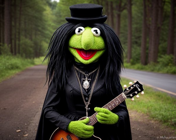 Green Puppet Character in Black Gown with Guitar