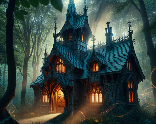 Gothic Mansion in an Ethereal Forest Setting