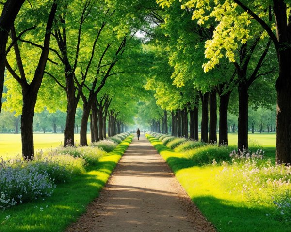 Serene pathway with lush trees and vibrant flowers