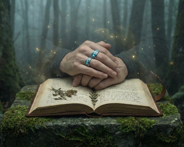 High-angle photo of hands over an open spell book