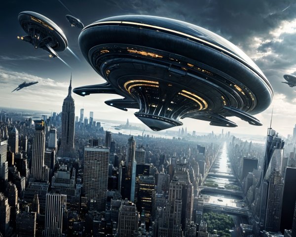 Futuristic Cityscape with Hovering Spacecraft and Skyscrapers