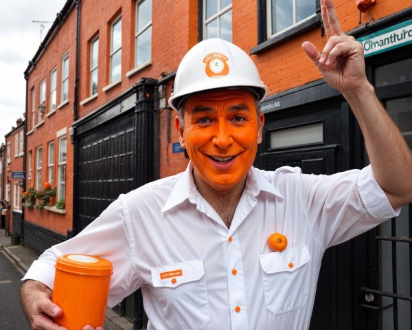 Cheerful man in orange attire on narrow brick street