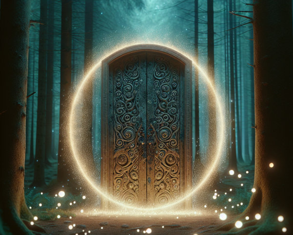 Mystical Forest with Intricately Carved Wooden Door