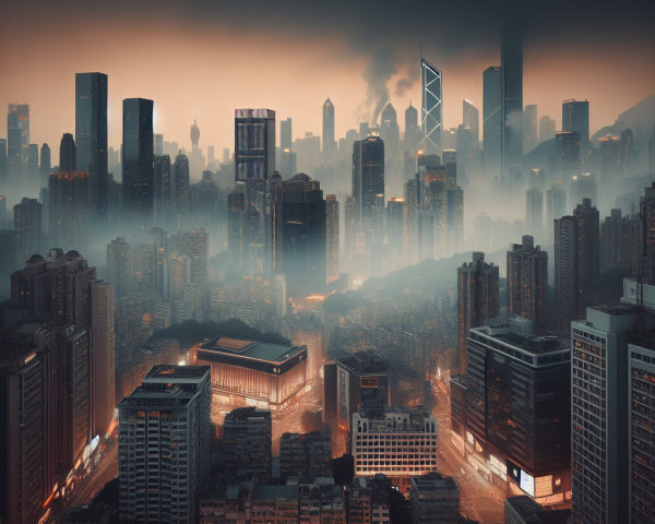 Twilight Cityscape with Skyscrapers and Fog