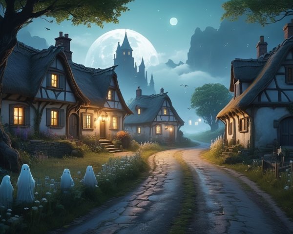 Whimsical Nighttime Village with Ghostly Figures