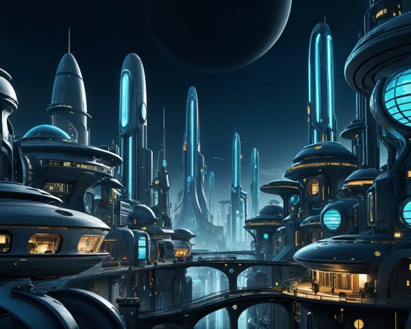Futuristic cityscape with glowing blue accents and skyscrapers