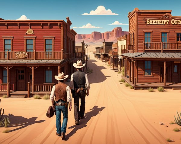 Cowboys in Old West Town with Red Rock Landscape