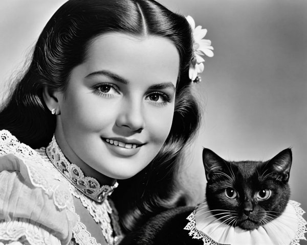 Black and white portrait of a woman and a cat