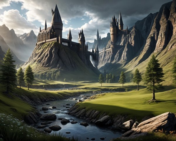 Majestic castle on a rocky mountain with lush hills