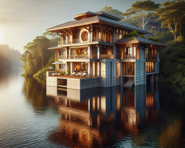 Modern villa by serene lake with lush surroundings