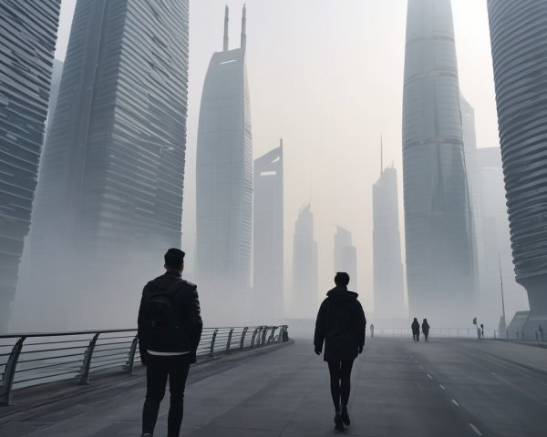 Foggy Cityscape with Figures and Towering Skyscrapers