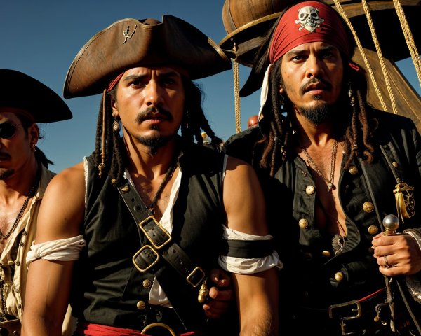 Pirates in Traditional Attire Against Blue Sky