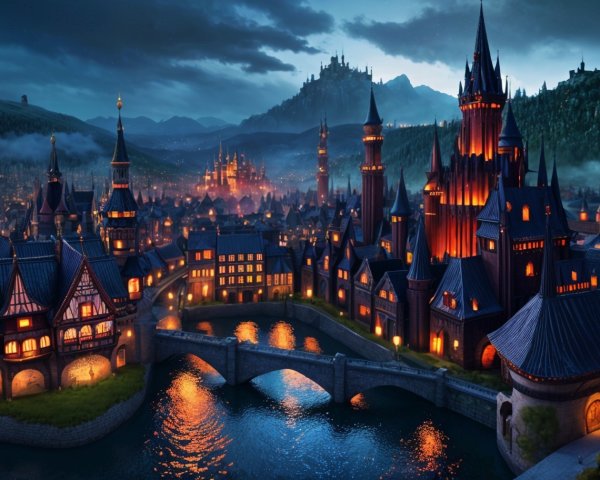 Picturesque Fantasy Town by a Serene River at Twilight