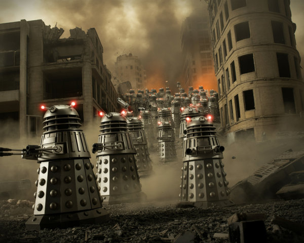 Desolate cityscape with extraterrestrial machines and ruins