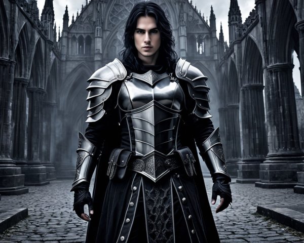 Gothic Figure in Silver Armor Amidst Misty Architecture