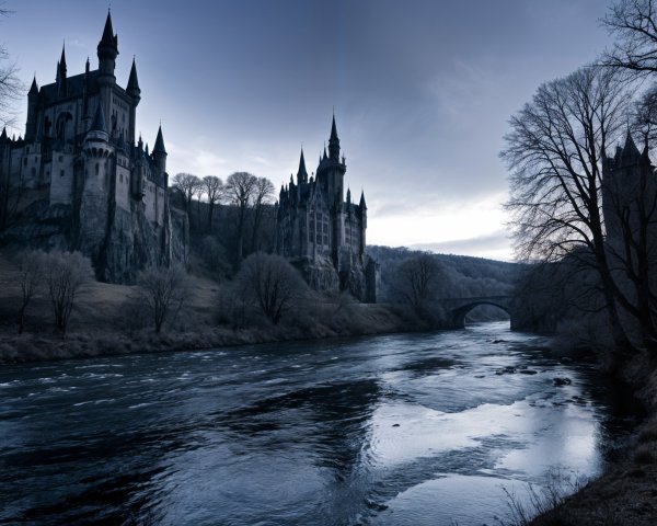 Castle on Cliffs by River at Twilight with Bridge