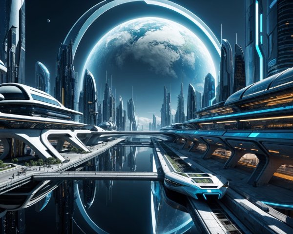 Futuristic cityscape with high-rise buildings and waterways