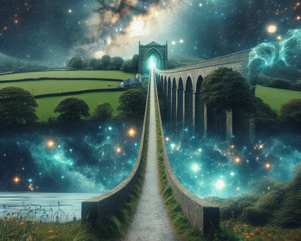 Surreal Countryside with Stone Viaduct and Cosmic Portal