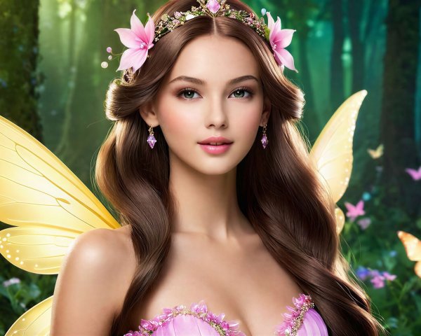 Young lady in pink dress with gold wings in forest