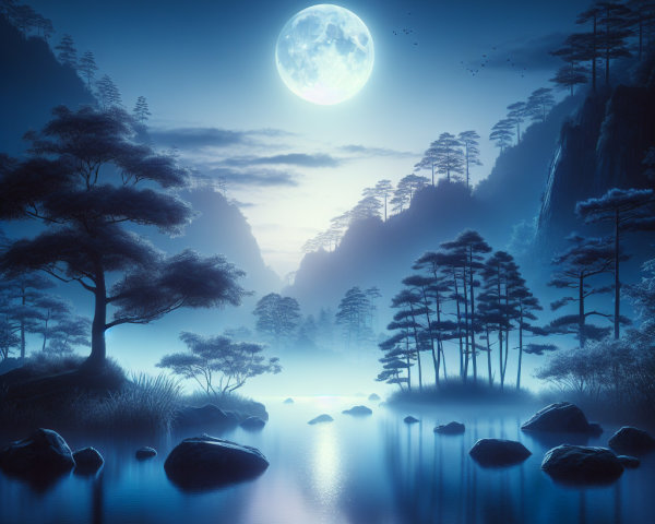 Serene Landscape with Full Moon and Tranquil River
