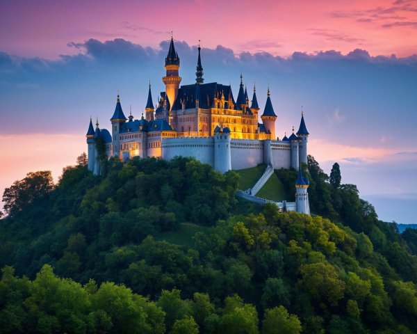 Majestic fairytale castle on a green hilltop