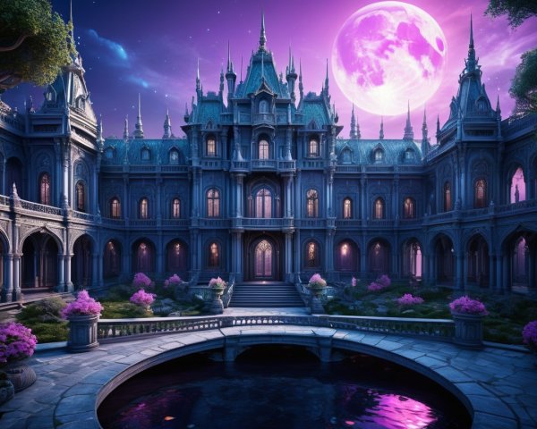 Ethereal castle illuminated by a glowing moon