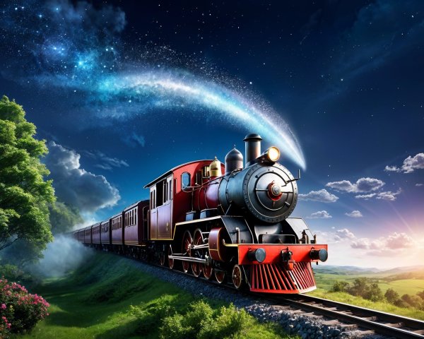 Vibrant Steam Locomotive on Scenic Night Track