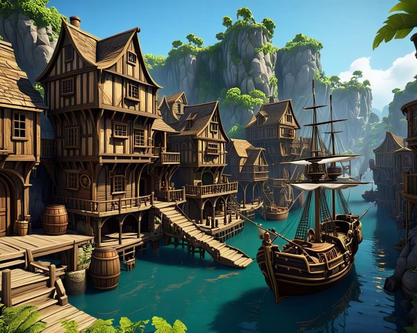 Cinematic Full Shot of a Hidden Pirate Cove Scene