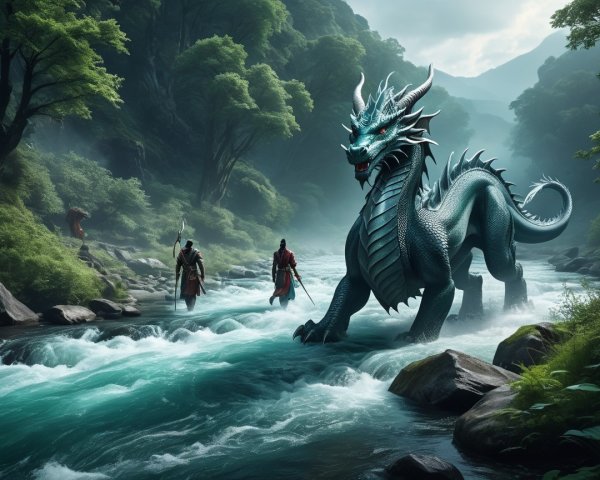 Horned Dragon Observing Warriors in Turquoise River